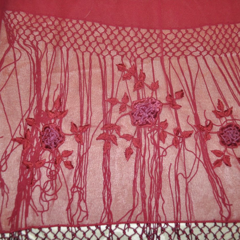 Long burgundy scarf with emrbroidered roses/tassels